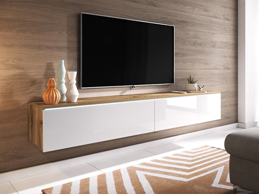 TV asztal/szekrény Mirjan Dilune 180 (wotan tölgy + fényes fehér) (fehér LED világítás)