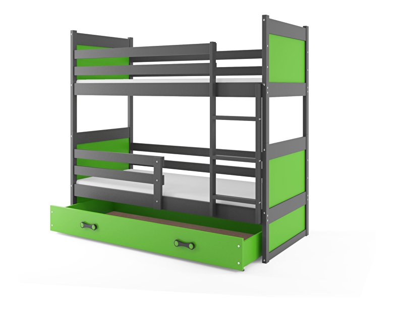 Emeletes ágy 80 x 190 cm Ronnie B (grafit + zöld) (ágyrácsokkal és tárolóhellyel)
