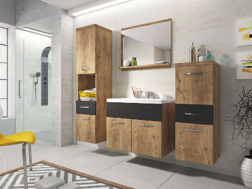 Fürdőszoba bútor Lunara (kastanien breslau + kastanien breslau + fekete grafit) (szifon nélkül, vízcsap nélkül)