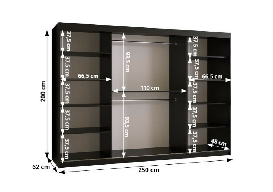 Ruhásszekrény tükörrel 250 cm Riana Wa 2 250 (matt fekete) *kiárusítás