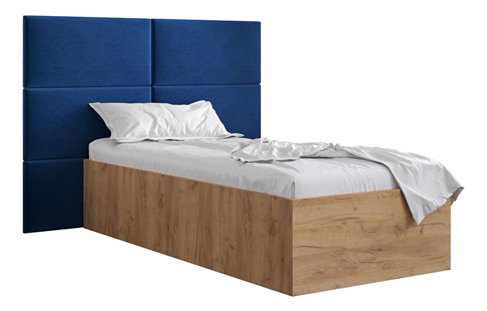 Egyszemélyes ágy kárpitozott fejtámlával 90 cm Brittany 2 (arany craft tölgy + kék) (ágyráccsal)