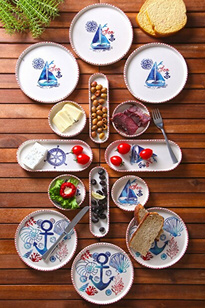 Reggeliző étkészlet (14 db.) Kashmere (fehér + kék + piros)