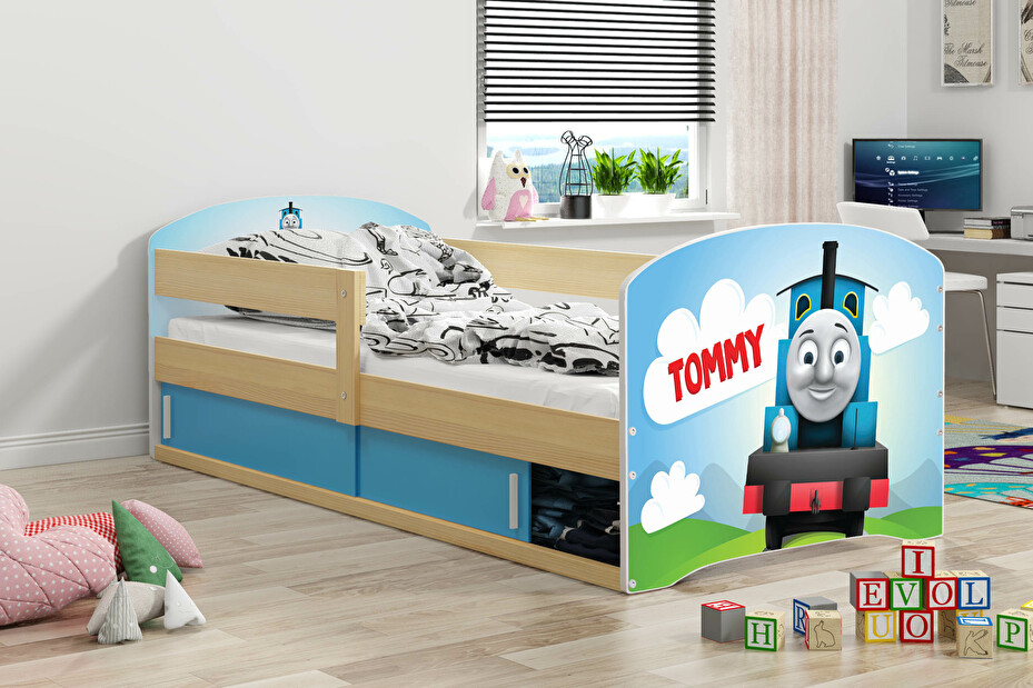 Gyerekágy 80 x 160 cm Lukan (fenyő + Tommy minta) (ágyráccsal, matraccal és tárolóhellyel)