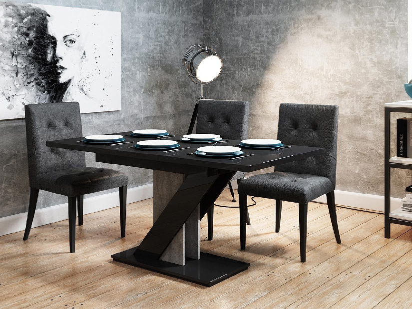 Modern asztal Exalior (fényes fekete + beton)