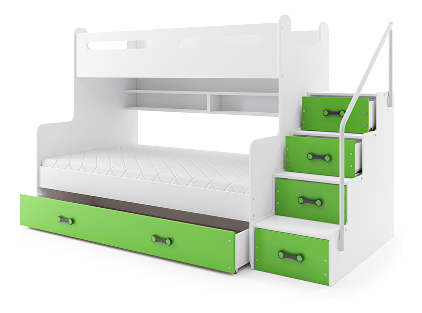 Emeletes ágy 120 x 200 cm Moxxo 3 (fehér + zöld) (ágyrácsokkal és tárolóhellyel)