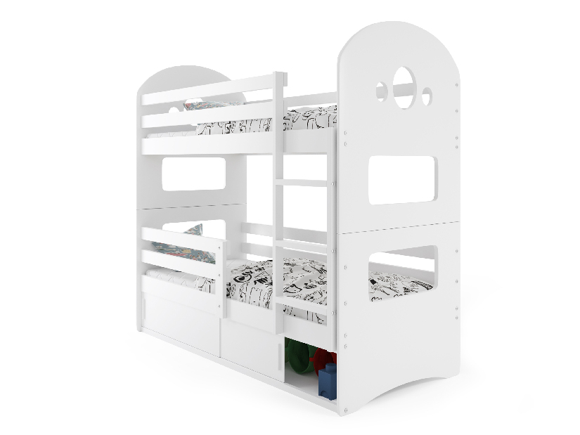 Emeletes ágy 80 x 160 cm Domur (fehér + fehér) (ágyrácsokkal és tárolóhellyel)