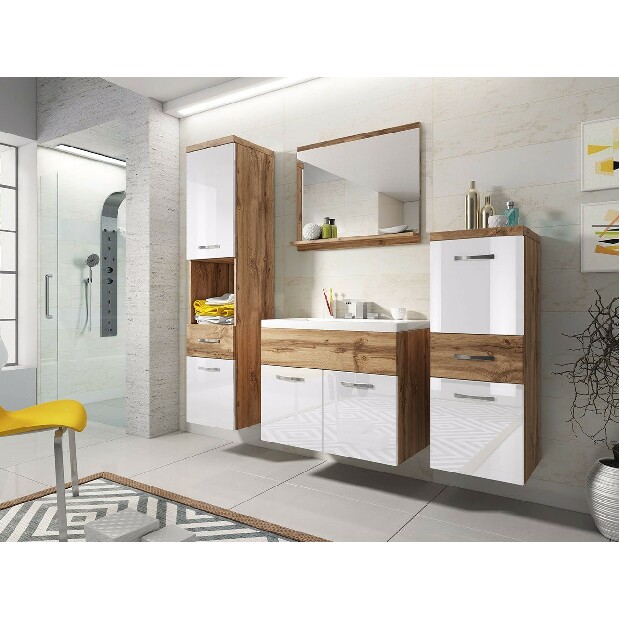 Fürdőszoba bútor Mirjan Lunara (wotan tölgy + fényes fehér + wotan tölgy) (szifonnal, Platino csappal)