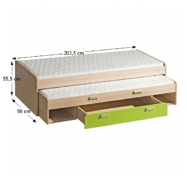 Széthúzható ágy 80 cm Echo L16 zöld (két matraccal és ágyrácsokkal)