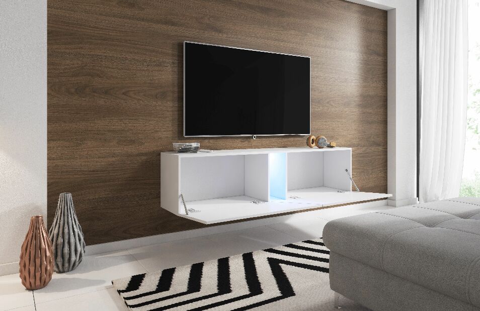 TV asztal/szekrény Savanna 160 (matt fehér + fényes szürke) (világítással)