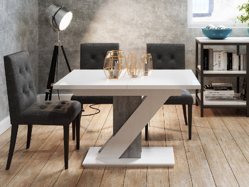 Modern asztal Exalior (fényes fehér + beton)