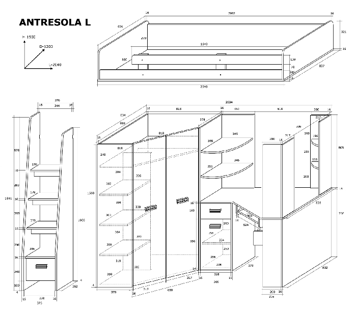 Sarok emeletes ágy Antresola (J) Sonoma + kék (ráccsal)