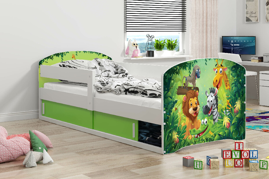 Gyerekágy 80 x 160 cm Lukan (fehér + dzsungel minta) (ágyráccsal, matraccal és tárolóhellyel)