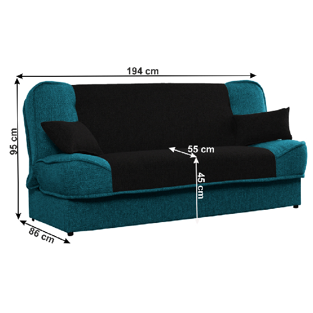 3 személyes kanapé Asora (türkiz + fekete)