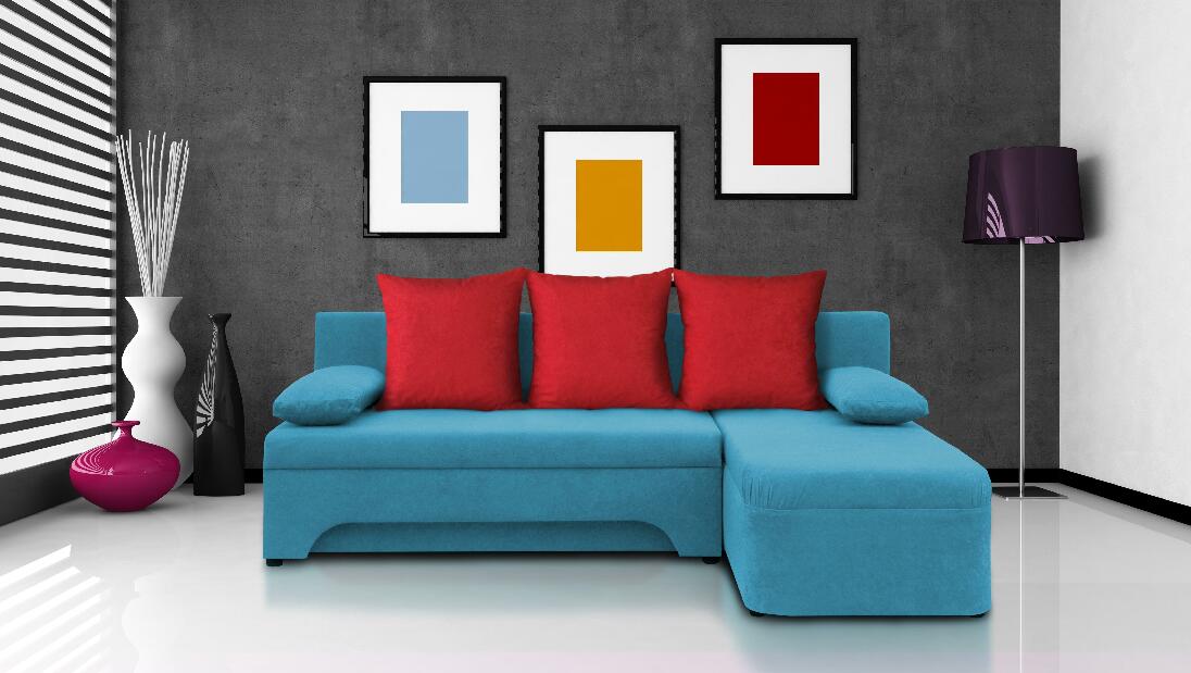 Sarok kanapé Sally kék + piros párnák (1 tárhely, hab)