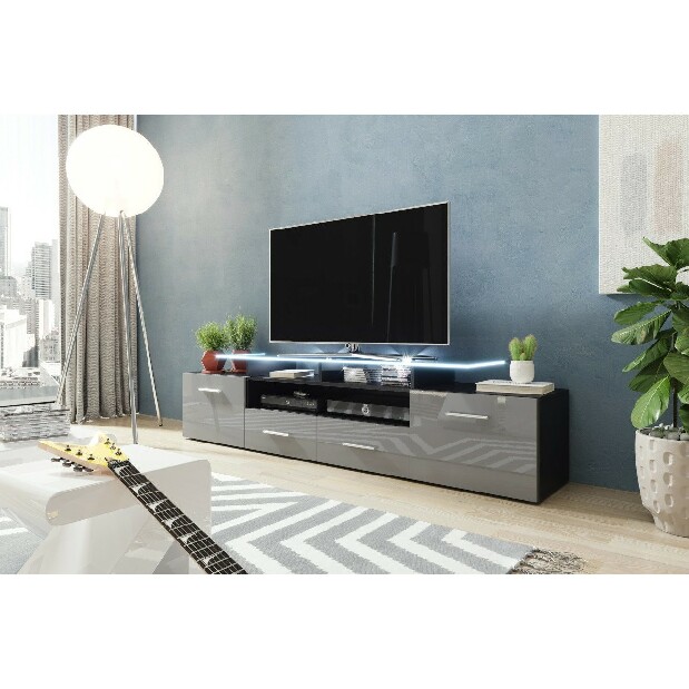 TV asztal + szekrény Blaise (fekete + fényes szürke) (fehér LED világítás)