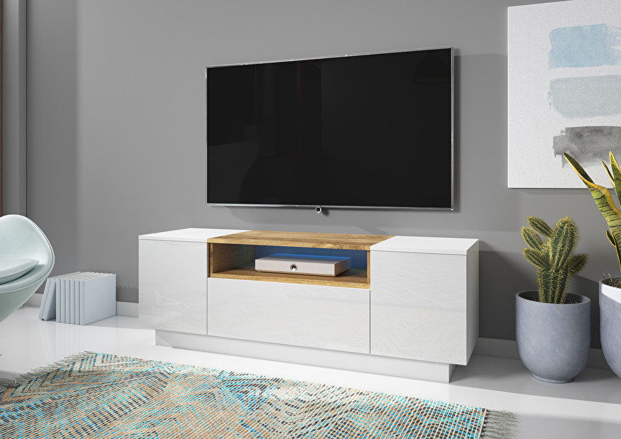 TV asztal/Kisebb szekrény Box (Wotan tölgy + Fényes fehér)