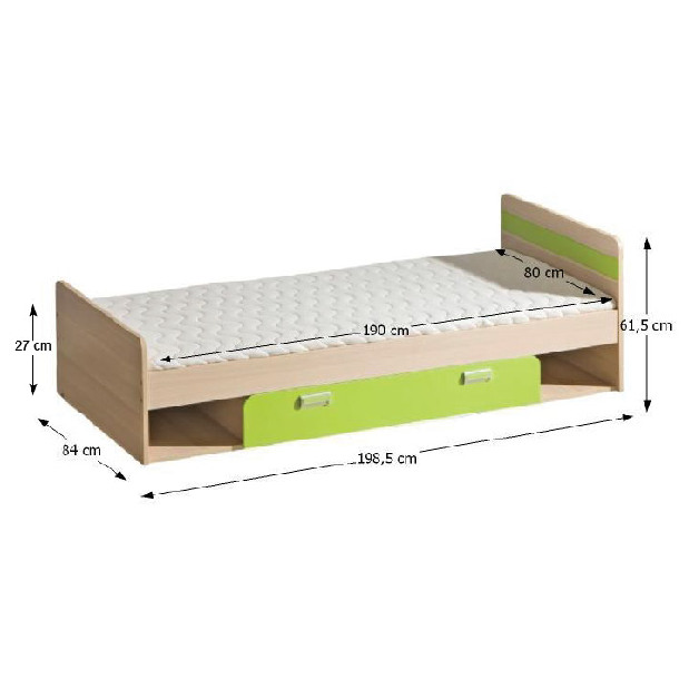 Egyszemélyes ágy 80 cm Echo L13 zöld (ágyráccsal és matraccal)