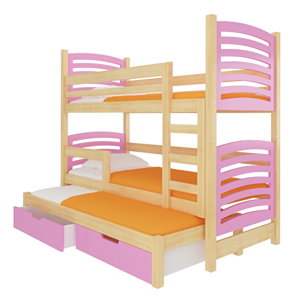 Emeletes gyerekágy 180x75 cm Stanislava (ágyráccsal és matraccal) (fenyő + rózsaszín)