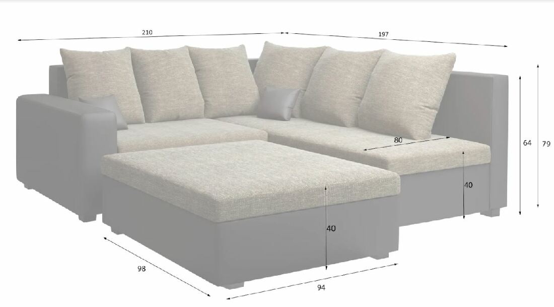 Sarok kanapé Monica (szürke + fehér) (taburettel) (B)