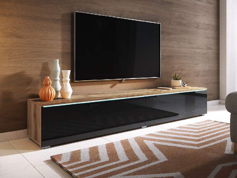 TV asztal/szekrény Dilune 180 (wotan + fényes fekete) (fehér LED világítás)