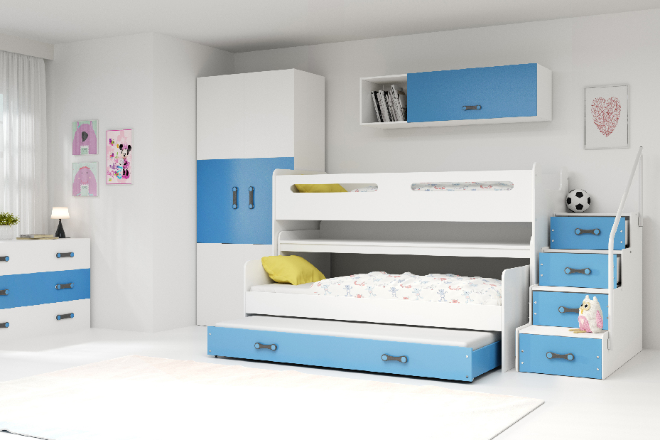 Emeletes ágy 80 x 200 cm Moxxo 1 (fehér + kék) (ágyrácsokkal és tárolóhellyel)