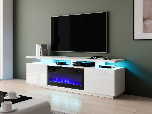TV szekrény/asztal kandallóval Aurora (fehér + fényes fehér)
