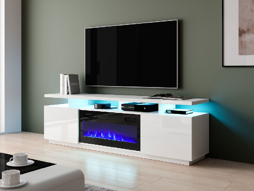 TV szekrény/asztal kandallóval Aurora (fehér + fényes fehér)