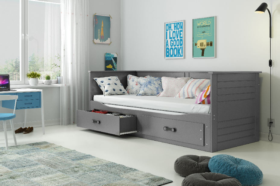 Egyszemélyes szétnyitható ágy 90 cm Harum (grafit) (ágyráccsal, matraccal és tárolóhellyel)