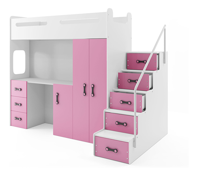 Emeletes ágy 80 x 200 cm Moxxo 4 (fehér + rózsaszín) (ágyrácsokkal és tárolóhellyel)