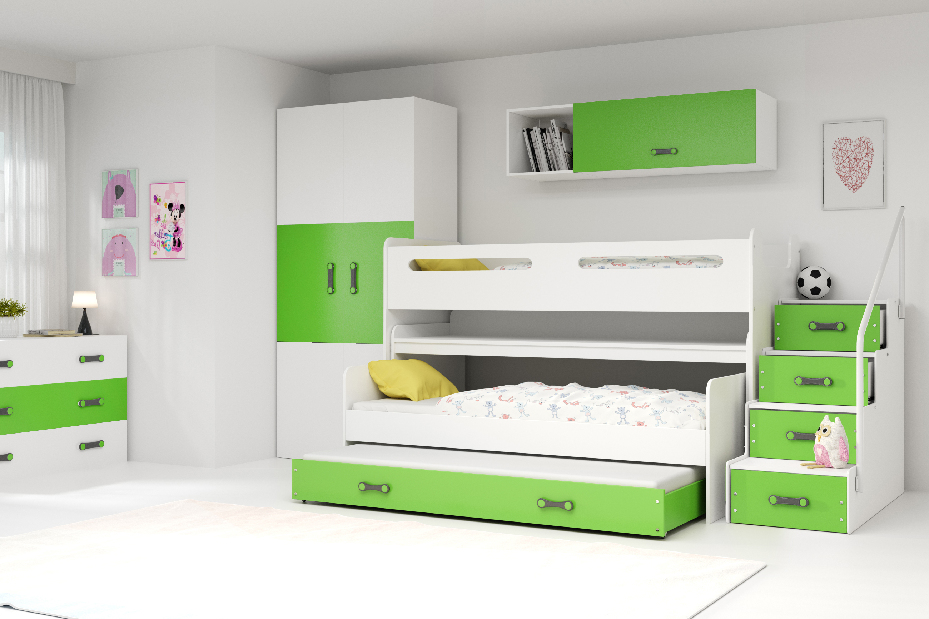 Emeletes ágy 80 x 200 cm Moxxo 1 (fehér + zöld) (ágyrácsokkal és tárolóhellyel)