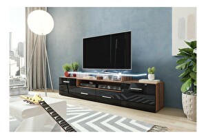 TV asztal + szekrény Blaise (szilva + fényes fekete) (fehér LED világítás)