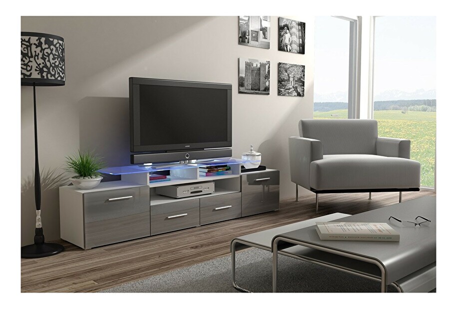 TV asztal + szekrény Blaise (fehér + fényes szürke) (világítás nélkül)
