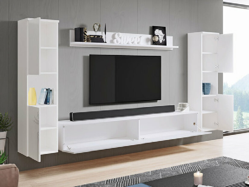 Nappali bútorsor Nova XL (wotan tölgy + fényes fehér) (fehér LED világítás)