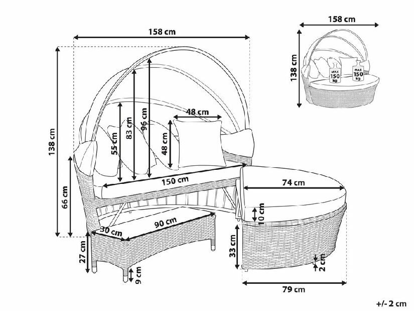 Kerti fotel árnyékoló kupolával LIS (polirattan) (szürke)