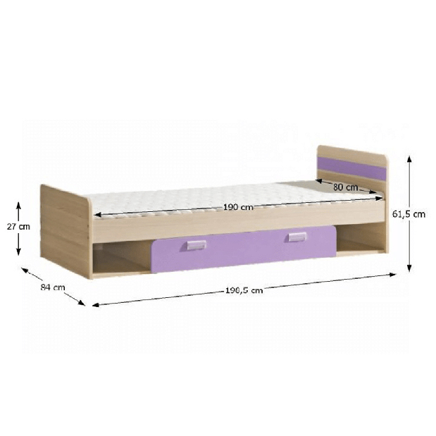 Egyszemélyes ágy 80 cm Echo L13 lila (ágyráccsal és matraccal)
