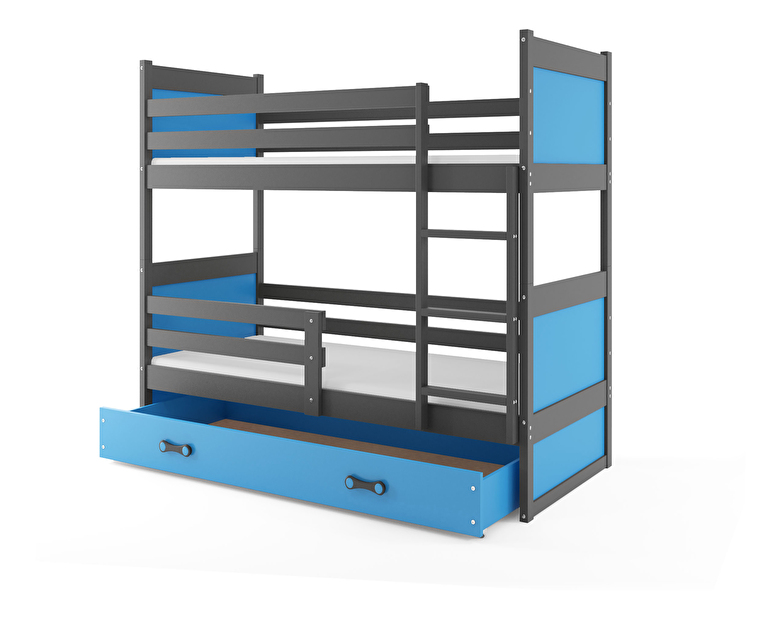 Emeletes ágy 80 x 190 cm Ronnie B (grafit + kék) (ágyrácsokkal és tárolóhellyel)