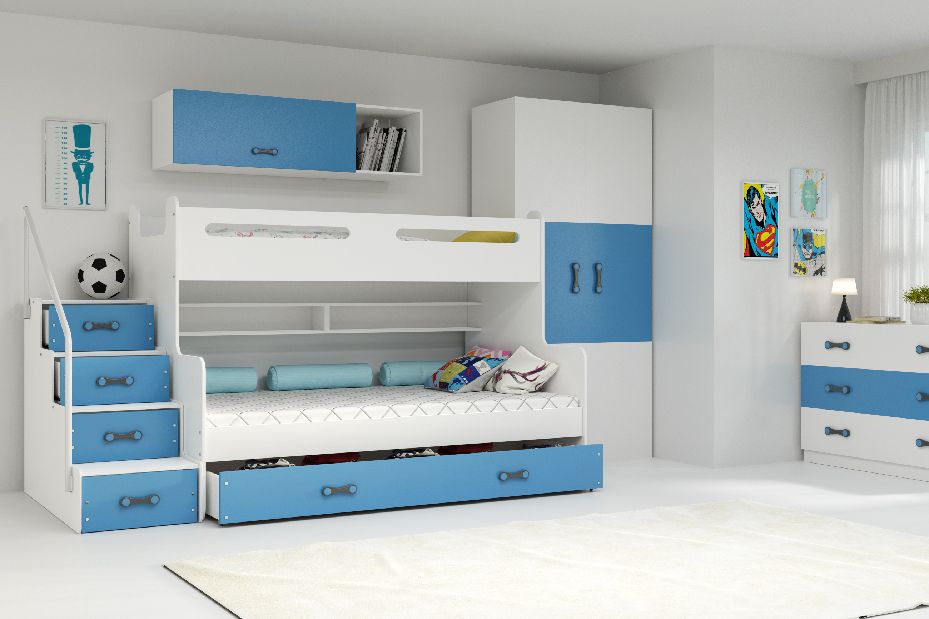 Emeletes ágy 120 x 200 cm Moxxo 3 (fehér + kék) (ágyrácsokkal és tárolóhellyel)