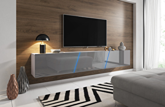 TV asztal/szekrény Savanna 240 (matt fehér + fényes szürke) (világítással)