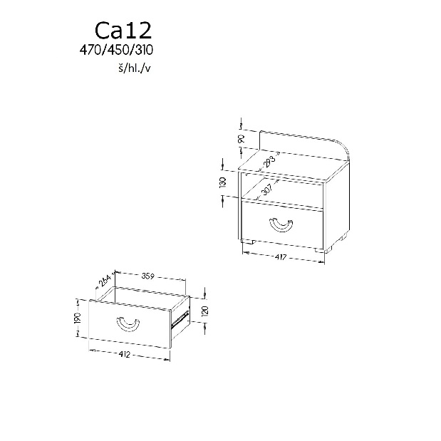 Éjjeliszekrény typ CA12 Caryl (világos grafit + fényes fehér + nash tölgy)