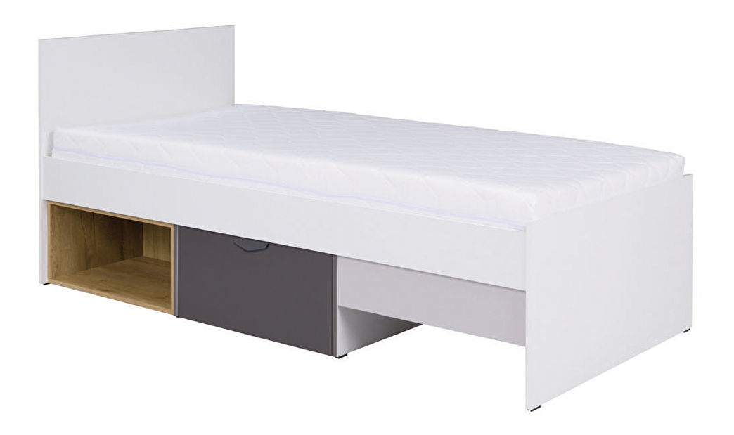 Egyszemélyes ágy 90x200 cm Juna 15 (fehér + grafit + szürke + lefkas tölgy) (ágyráccsal)