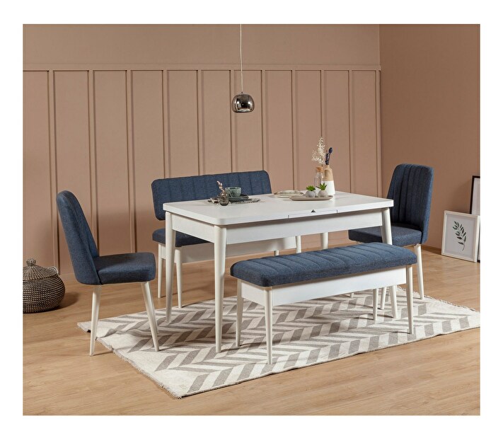 Széthúzható étkezőasztal 2 székkel és 2 paddal Vlasta (fehér + sötétkék)