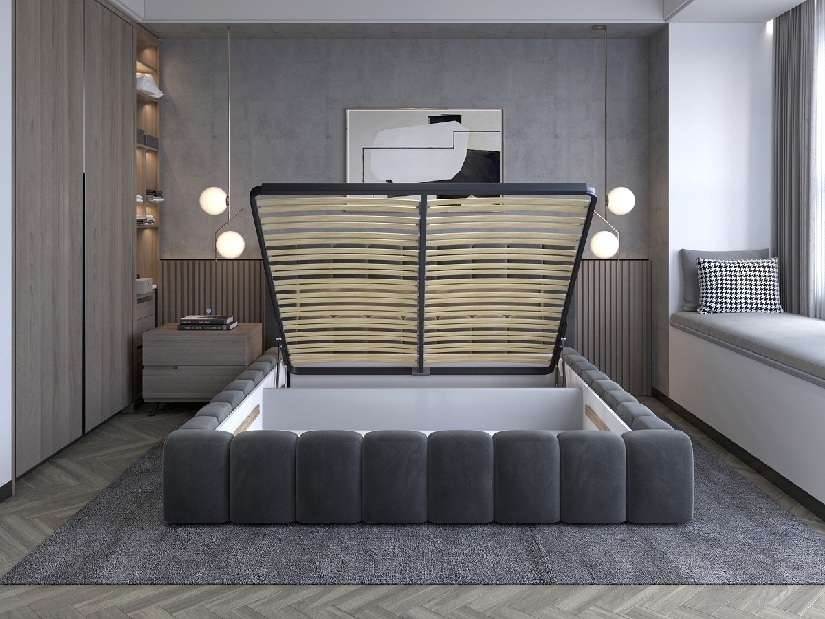 Franciaágy 180 cm Luxa (világosbarna) (ágyráccsal, tárolóhellyel, LED-világítással)