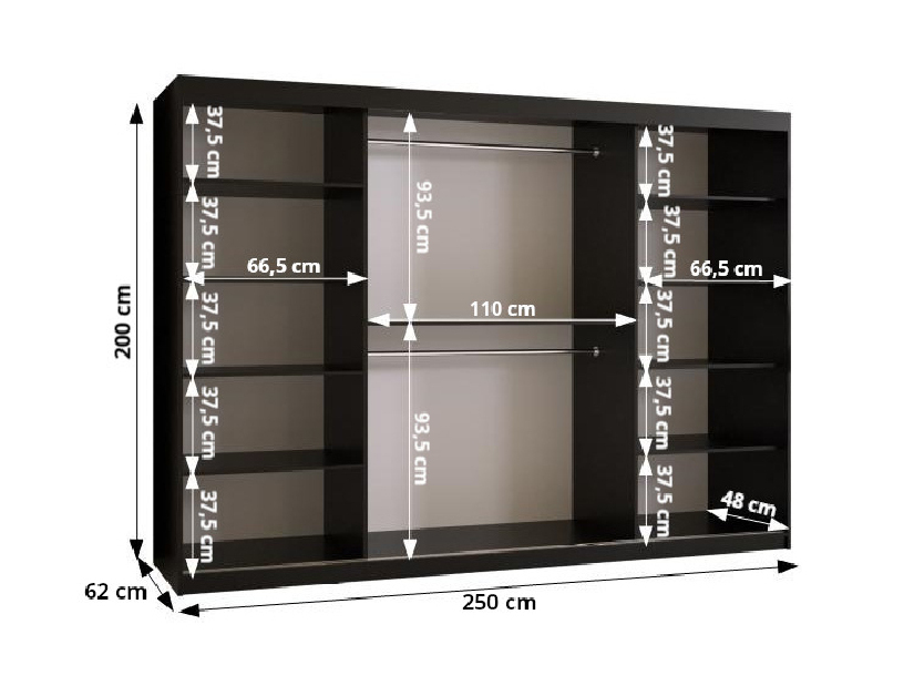 Ruhásszekrény Riven 2 250 (matt fekete) (tükörrel)