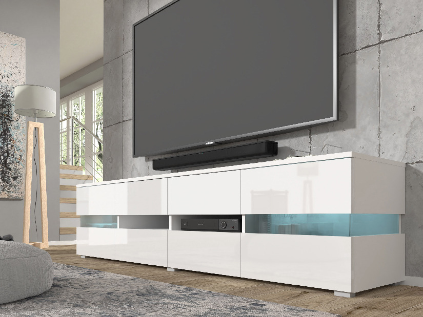 TV asztal/szekrény Vaimo (matt fehér + fényes fehér) (világítással)