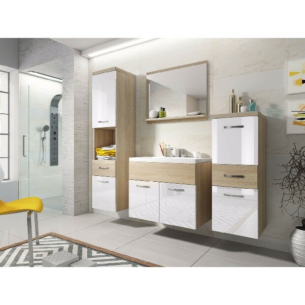 Fürdőszoba bútor Mirjan Lunara (szonoma tölgy + szonoma tölgy + fényes fehér) (szifonnal, Platino csappal)