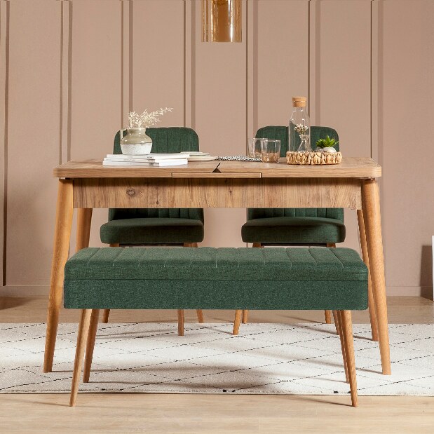 Széthúzható étkezőasztal 2 székkel és egy paddal Vlasta (atlanti fenyő + zöld)