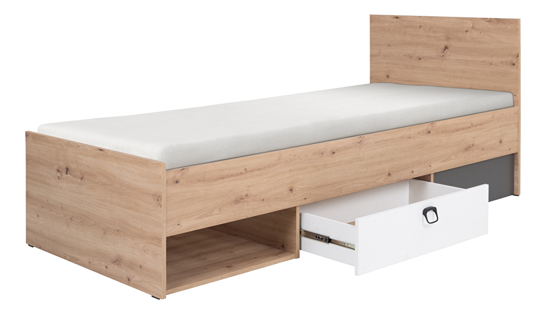 Egyszemélyes ágy 90x200 cm Kevyt 11 (artisan tölgy + fehér + grafit) (ágyráccsal és matraccal)