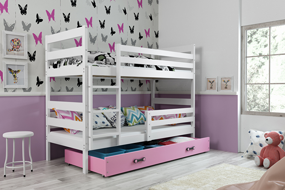 Emeletes ágy 80 x 160 cm Eril B (fehér + rózsaszín) (ágyrácsokkal és tárolóhellyel)