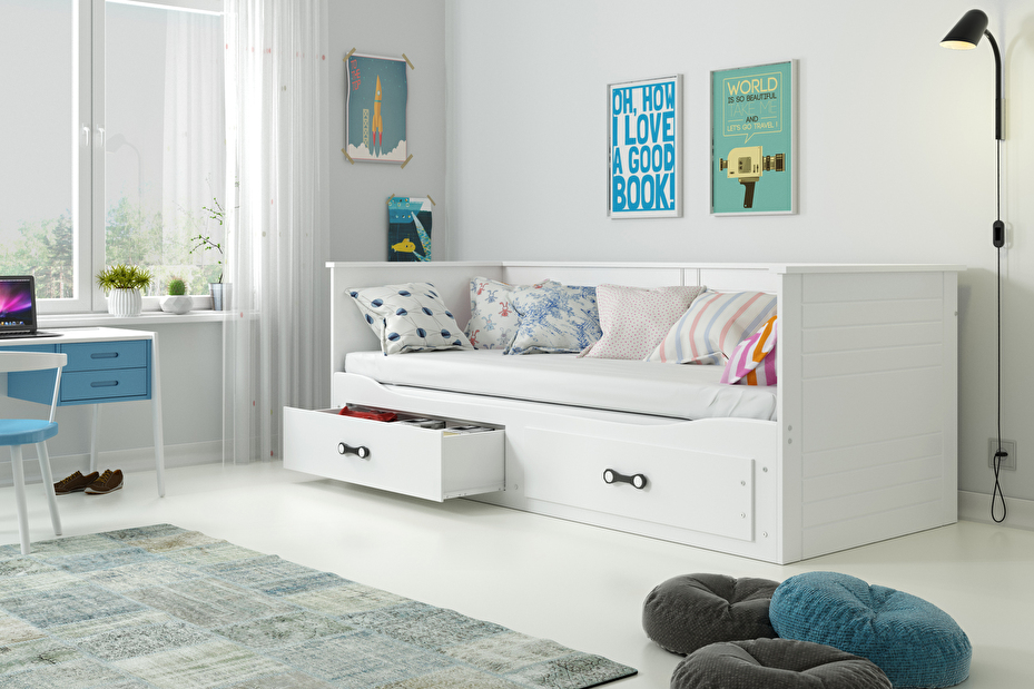 Egyszemélyes szétnyitható ágy 90 cm Harum (fehér) (ágyráccsal, matraccal és tárolóhellyel)