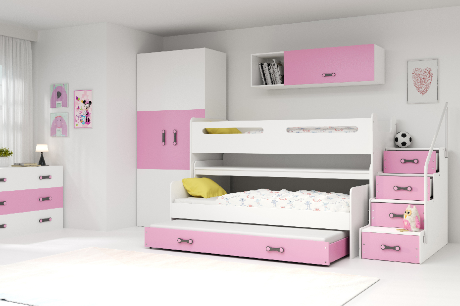 Emeletes ágy 80 x 200 cm Moxxo 1 (fehér + rózsaszín) (ágyrácsokkal és tárolóhellyel)